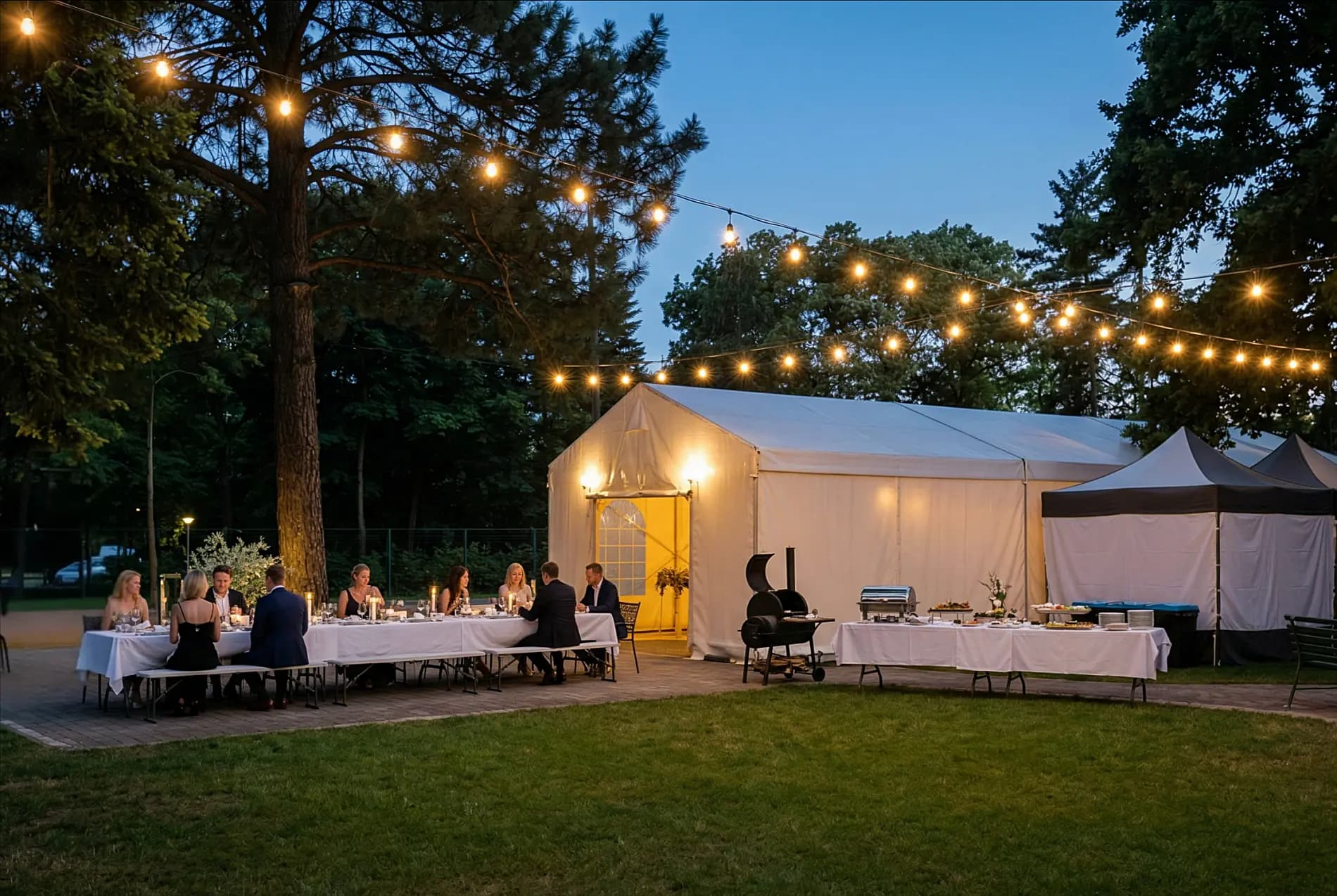 Wieczorny event w parku Centrum Szkoleniowo-Konferencyjnego — goście przy stołach pod lampionami i namiotem